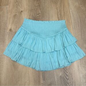 Linen Rose Smocked Waist Light Blue Tiered Mini Skirt